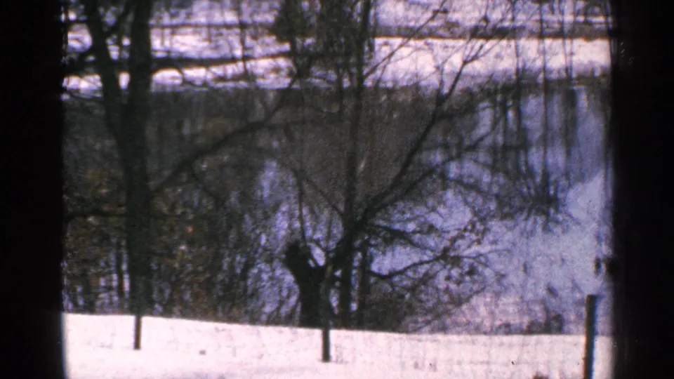 1965 Minnesota 8mm frame showing a fenced snowy bank, leafless trees, and muted reflections across a calm lake or pond.