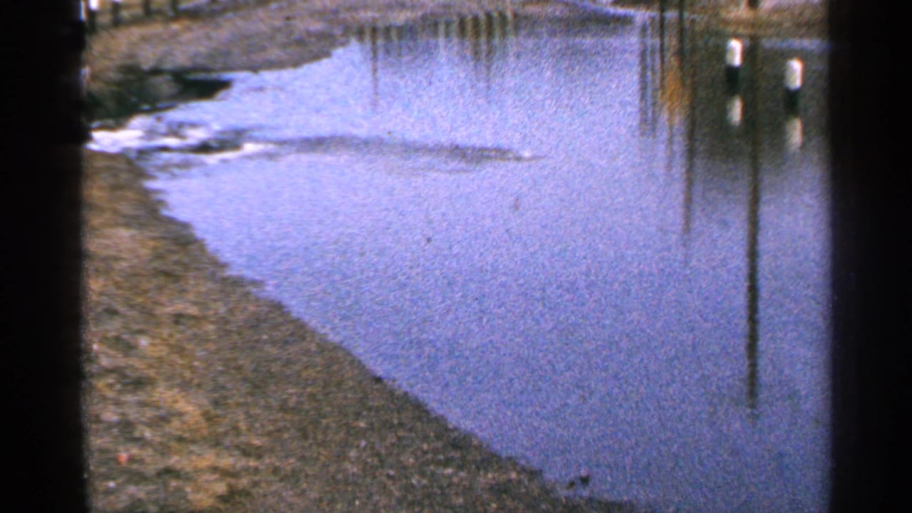 Minnesota roadside scene with standing water, exposed bank, poles, and tree reflections in muted 1960s 8mm color.