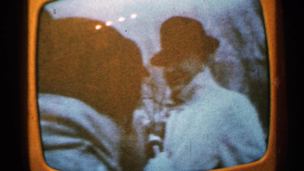 Bundled adult in a brimmed hat seen through a projected, color-shifted film frame.
