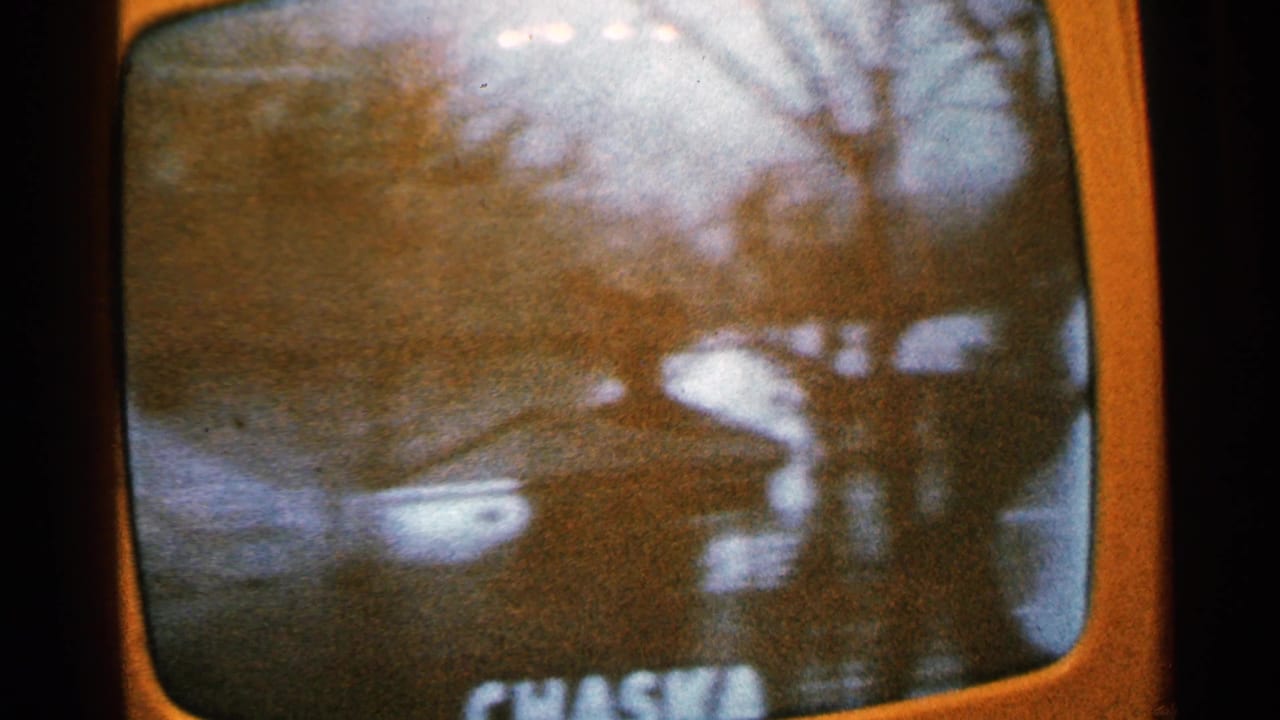 Blurry television-framed view of water, trees, a dark boat shape, and a pale shoreline object.