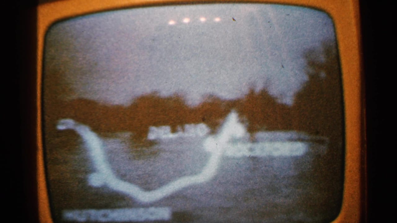 Grainy 8mm view of a Minnesota television flood report, with a white waterway outline and bright broadcast highlight.