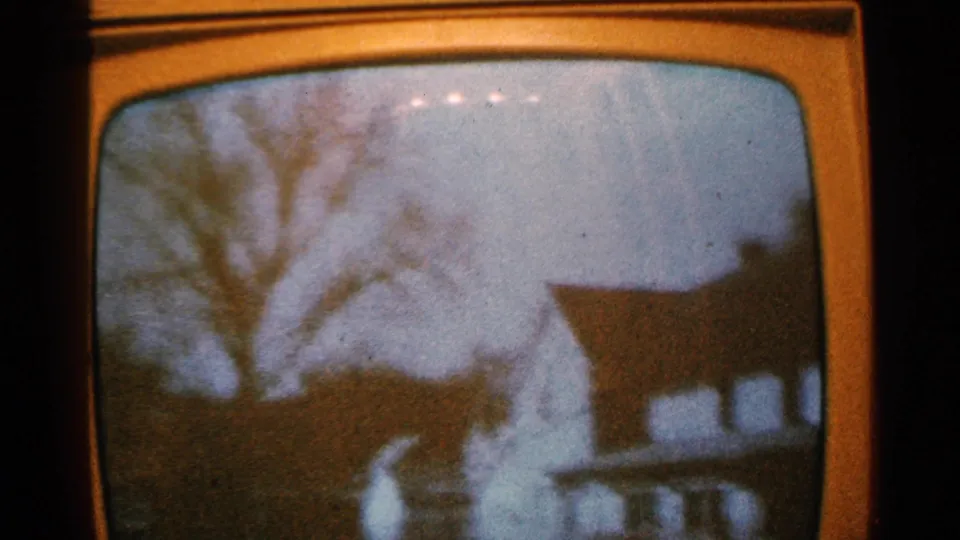 Soft 8mm view of a flooded Minnesota residential area with a bare tree, roofline, and reflective water surface.