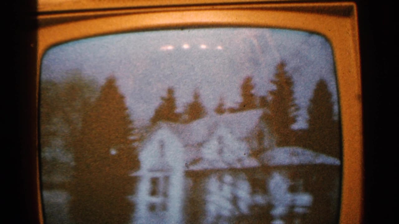 Curved television screen showing a snowy house and trees.