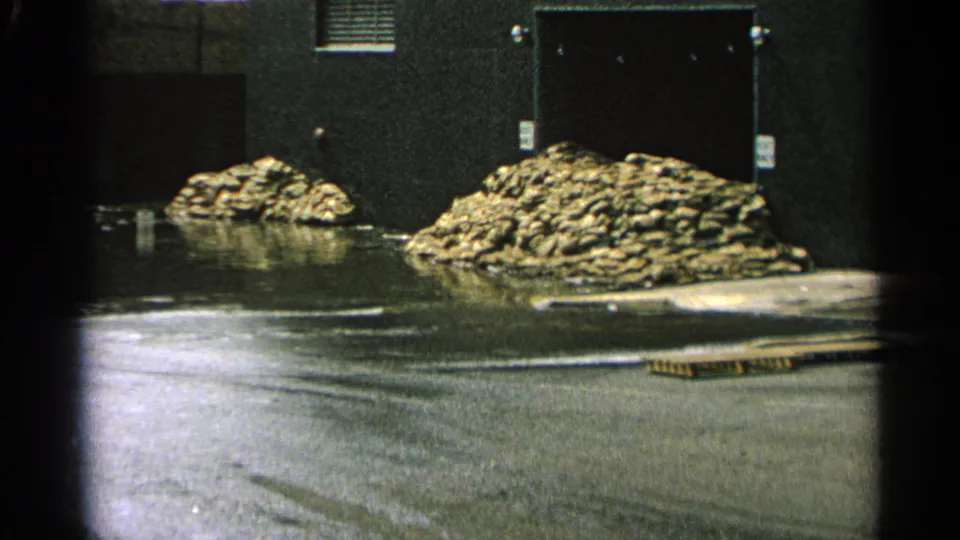 1965 Minnesota 8mm frame showing pooled water across an industrial yard beside rubble piles and a dark building wall.