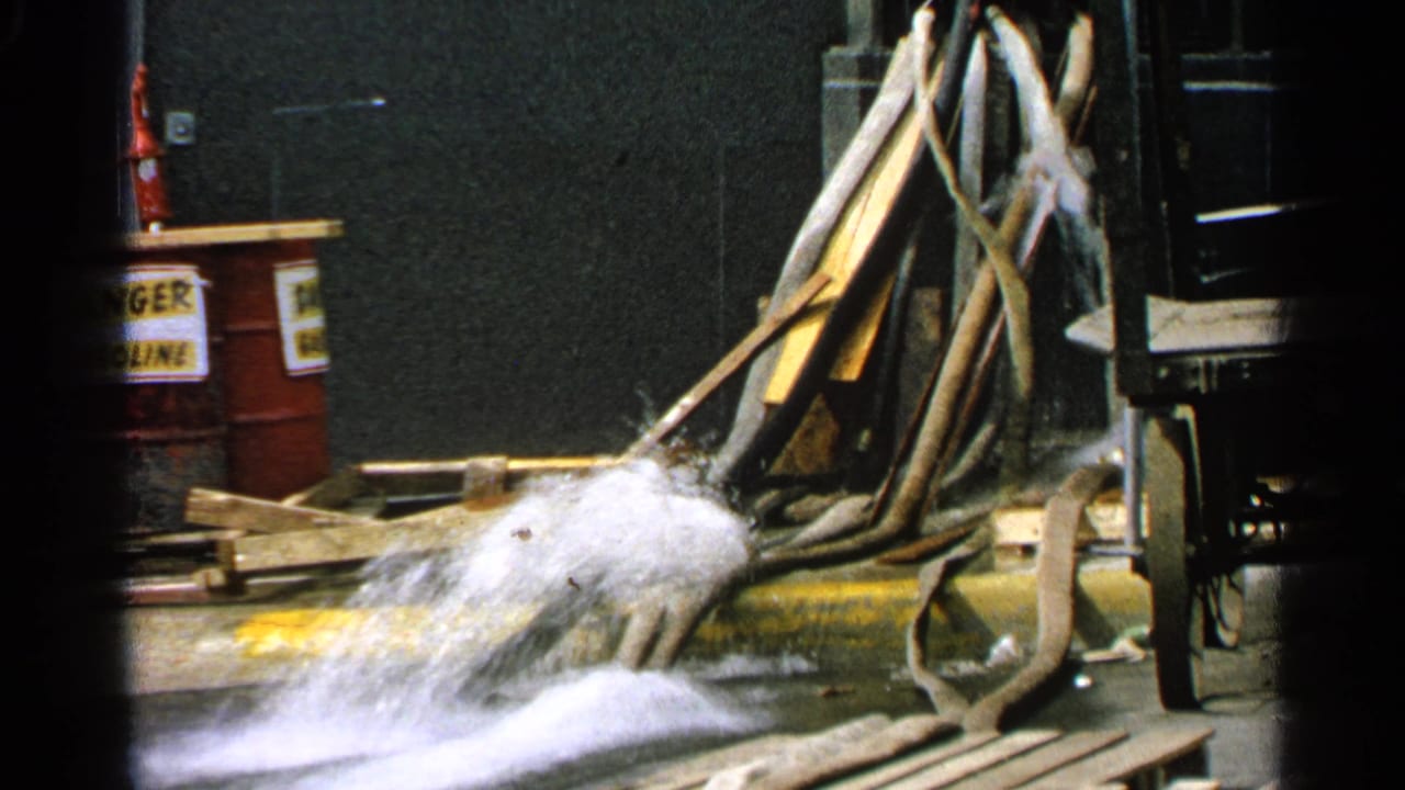 Fire hose sprays water across a wet dock beside barrels and stacked hoses.
