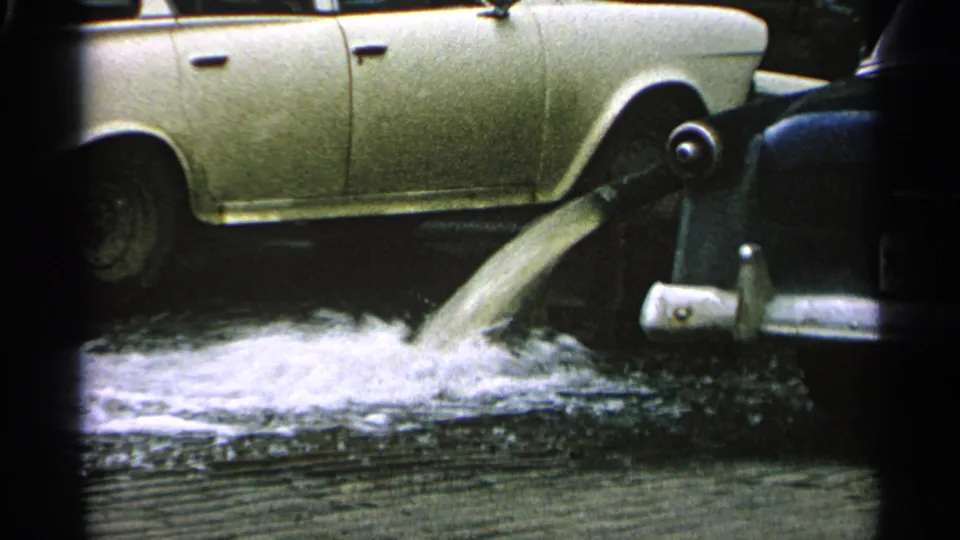 A cream-colored mid-century car is parked above a foamy spill spreading across wet pavement.