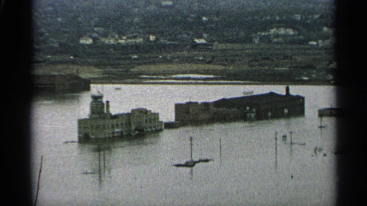 Flooded waterfront buildings and utility poles seen across high water.