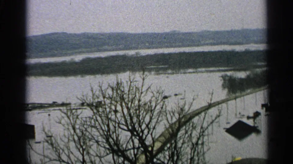 1965 Minnesota 8mm view past a leafless tree toward floodwater, a distant shoreline, low hills, and a small dark roof or platform shape.