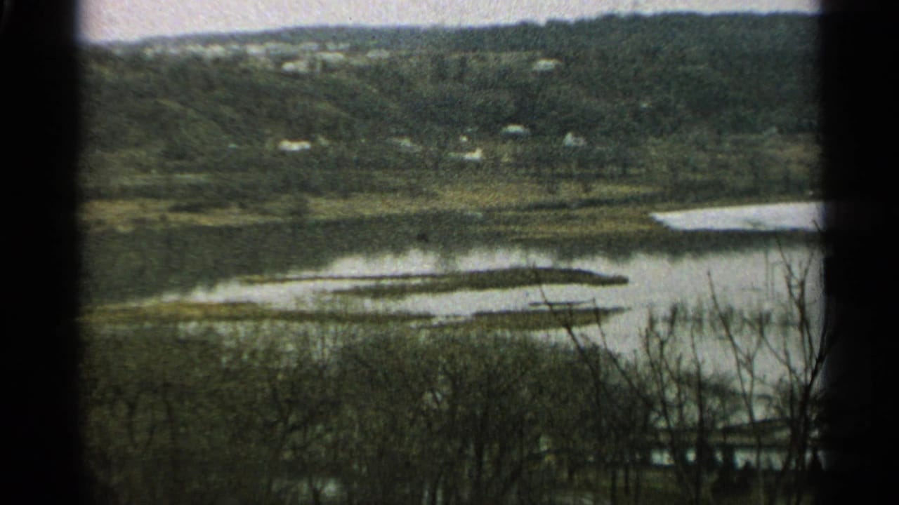 1965 Minnesota 8mm frame showing calm water, a wooded far shore, scattered houses, and dark foreground branches.