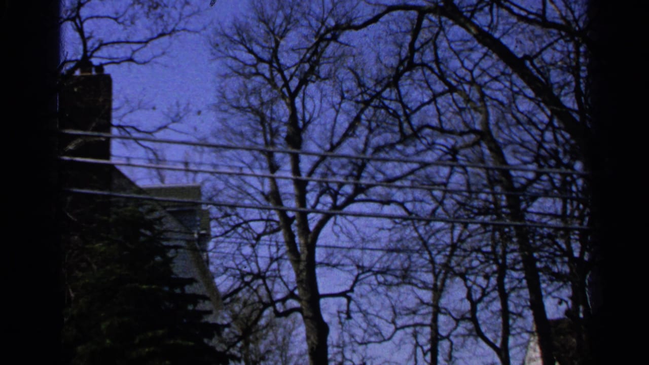 Minnesota 1965 home-movie frame showing bare trees, utility wires, and a partial house exterior under a deep blue sky.