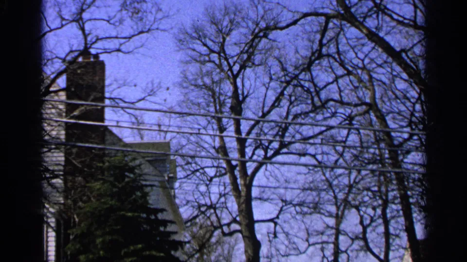 Minnesota 1965 exterior view with bare branches, power lines, and a partly obscured house and chimney in 8mm grain.