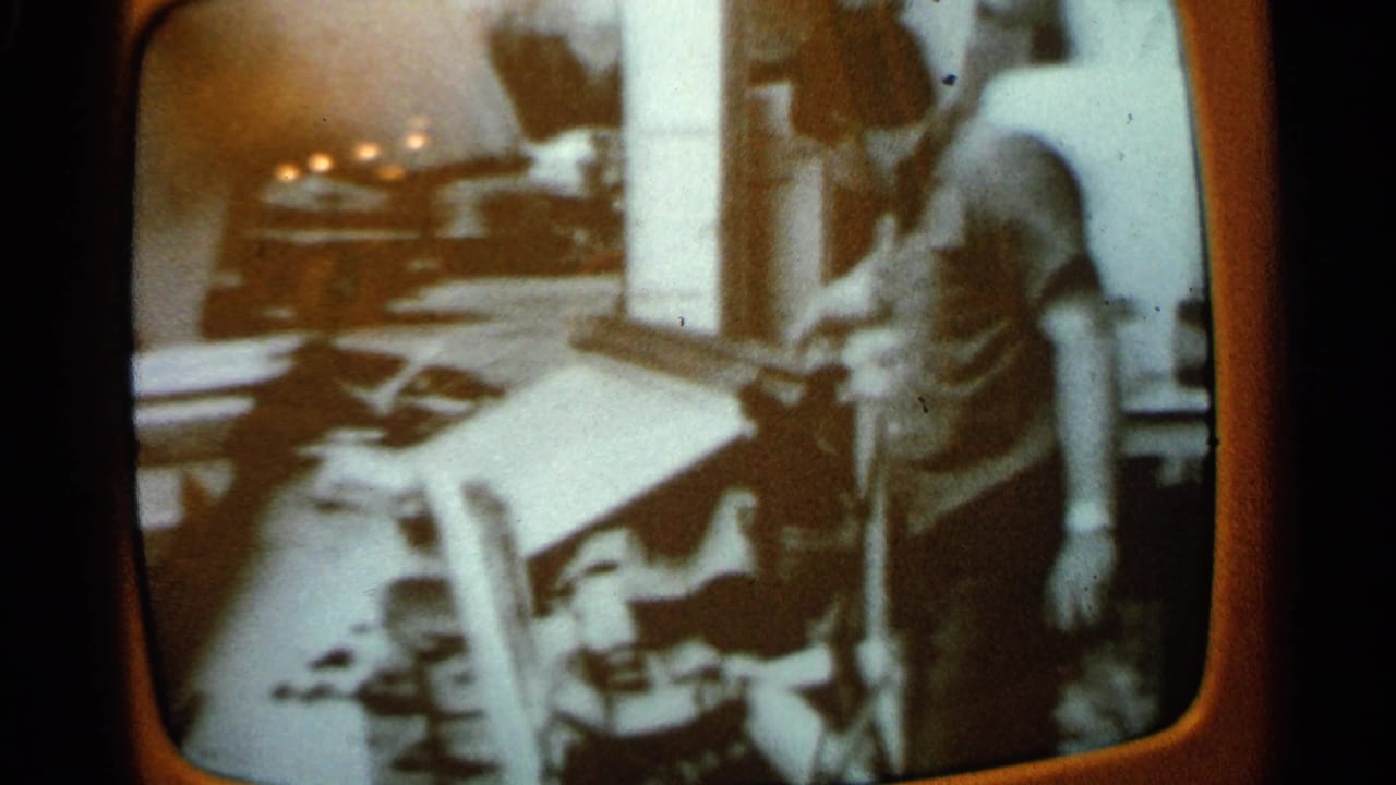 A man in casual 1960s clothing stands near scattered objects and a parked car in Minnesota home-movie footage.