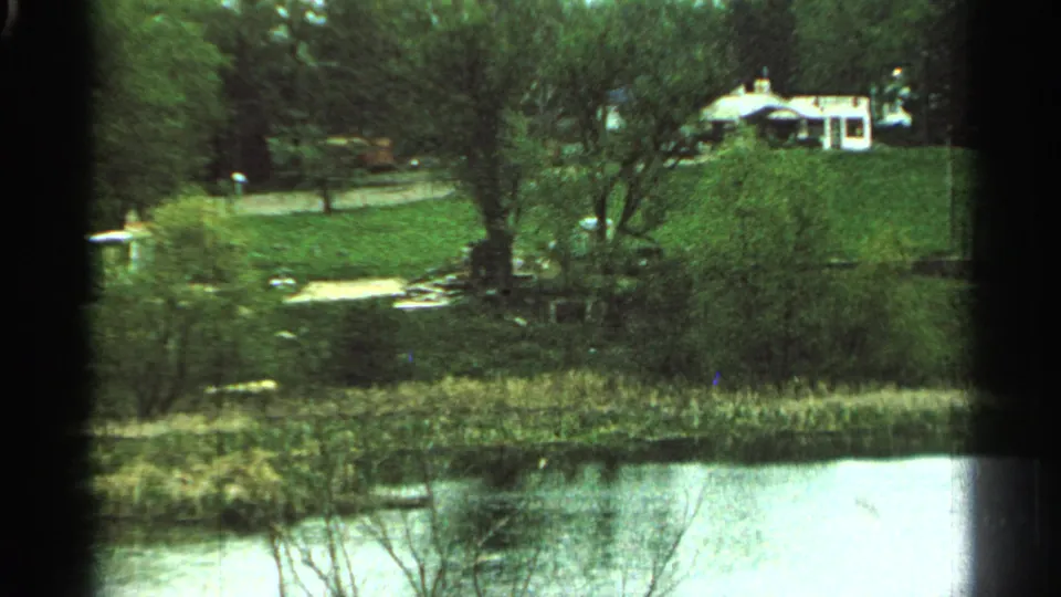 1965 Minnesota home-movie view across lakeside reeds toward a green field, trees, and a distant house.