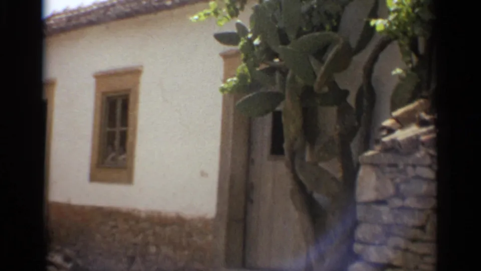 Whitewashed Nazare building facade with a small window, wooden door, cactus pads, and stone foundation in 1965 home-movie footage.