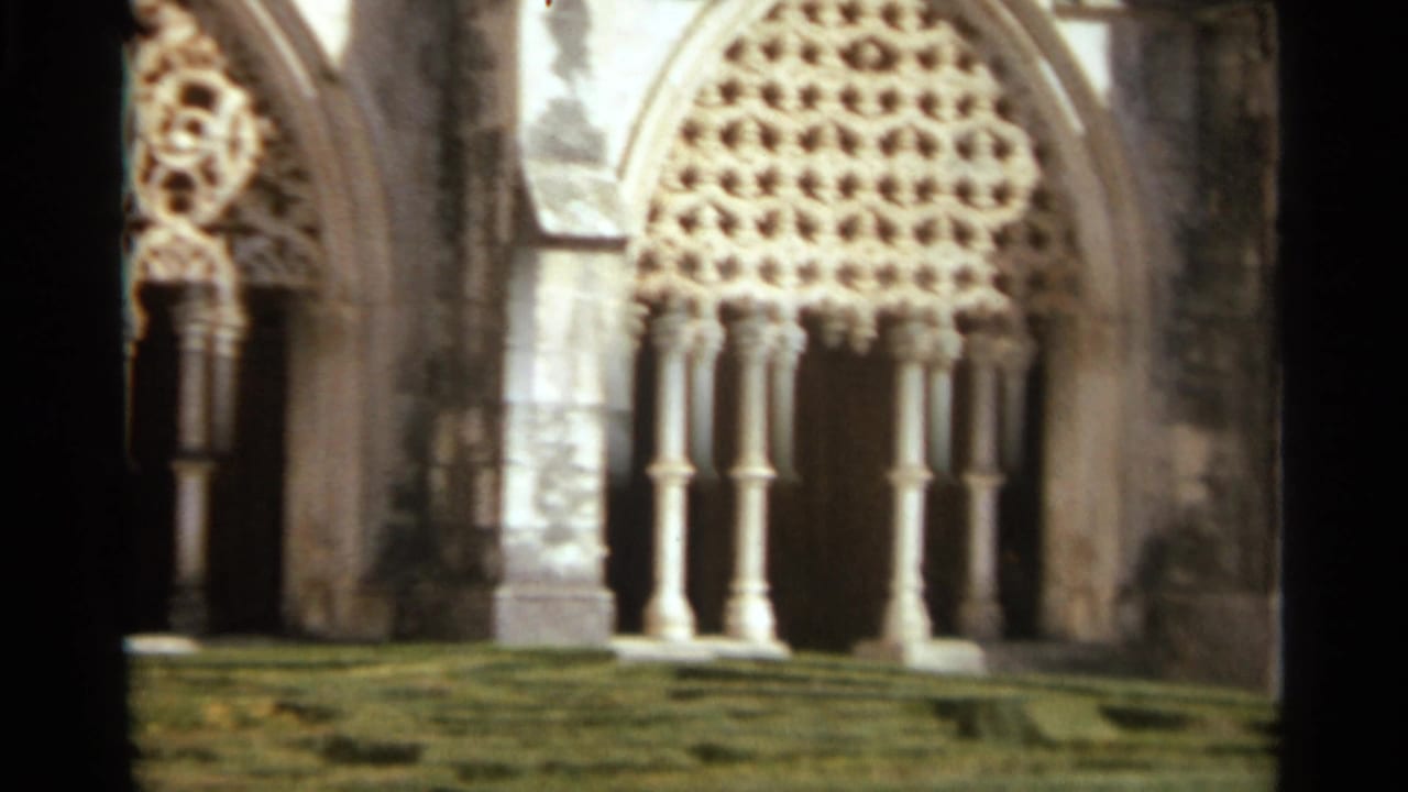 Ornate cloister arcade with pointed arch, lattice-like stone tracery, columns, and grass foreground.