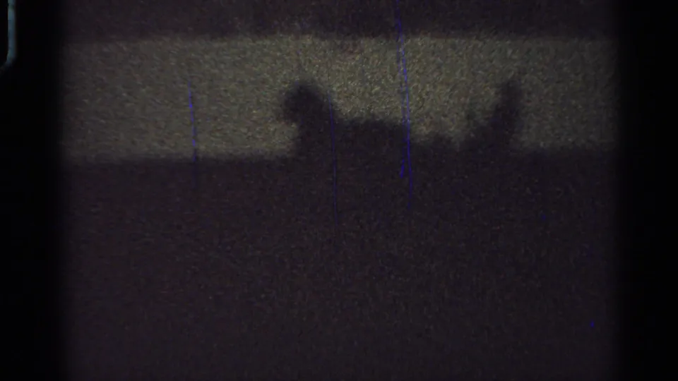1965 Saint Louis 8mm frame with broad indistinct shadow forms crossing a dark grainy surface under low exposure.