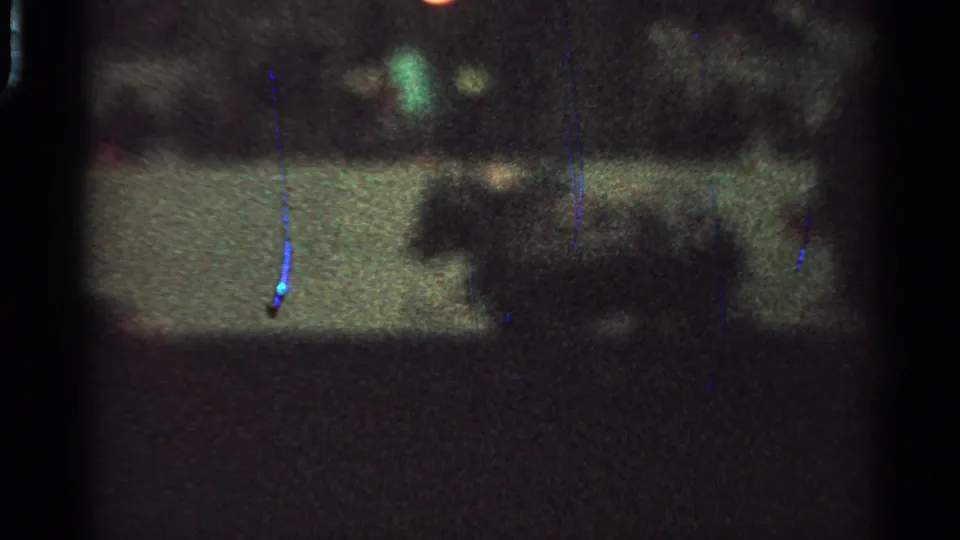 The horse-drawn carriage is more visible as a dark profile in a grainy 1965 Saint Louis night shot.