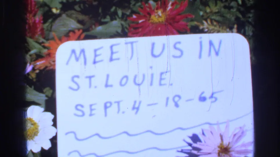 Closer 8mm view of the handwritten St. Louie card and date, with flowers and foliage partly framing the note.