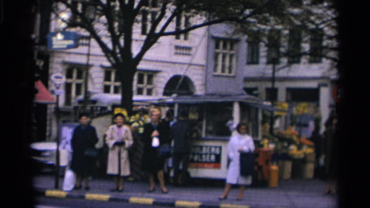 Women stand near a kiosk and flower stall on a Copenhagen street corner.