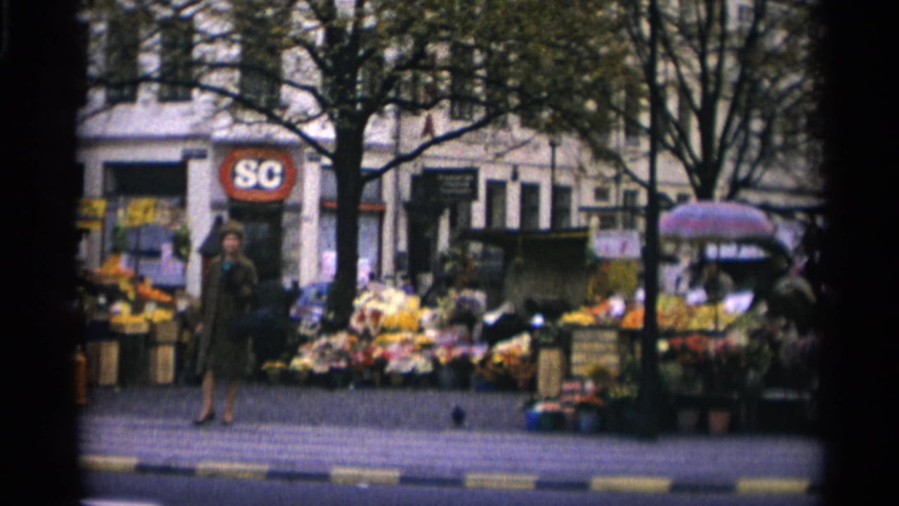 1966 Copenhagen street flower market seen from across the road, with stalls, pedestrians, trees, and an SC sign behind the displays.