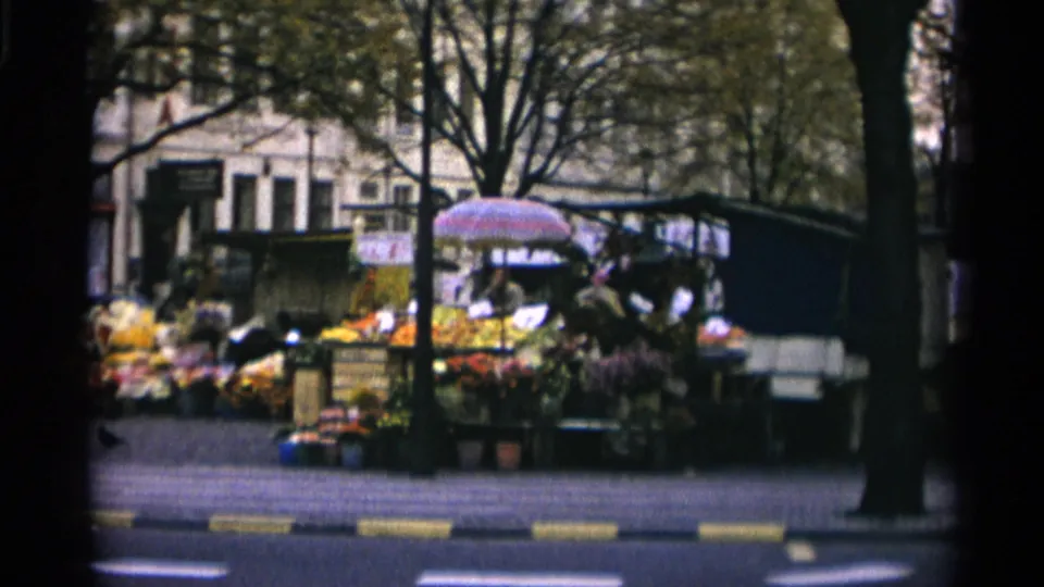 A 1966 Copenhagen market view shows flower carts and sidewalk displays, with pedestrians partly visible near the street edge.