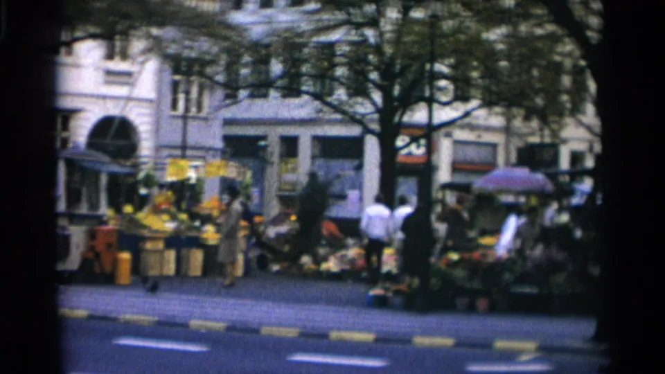 Wider 1966 Copenhagen street-market view showing produce stands, pedestrians, bicycles, trees, and storefronts across the road.