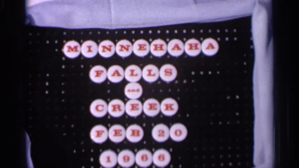 Close 8mm view of the Minnehaha Falls and Creek title card, with the 1966 date legible near the bottom.
