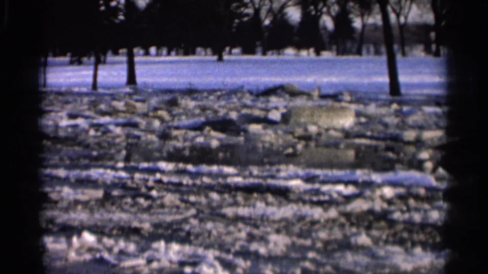1966 Hamel, Minnesota 8mm frame of a frozen pond margin, with uneven ice, snow patches, stones, and dark tree trunks in winter light.