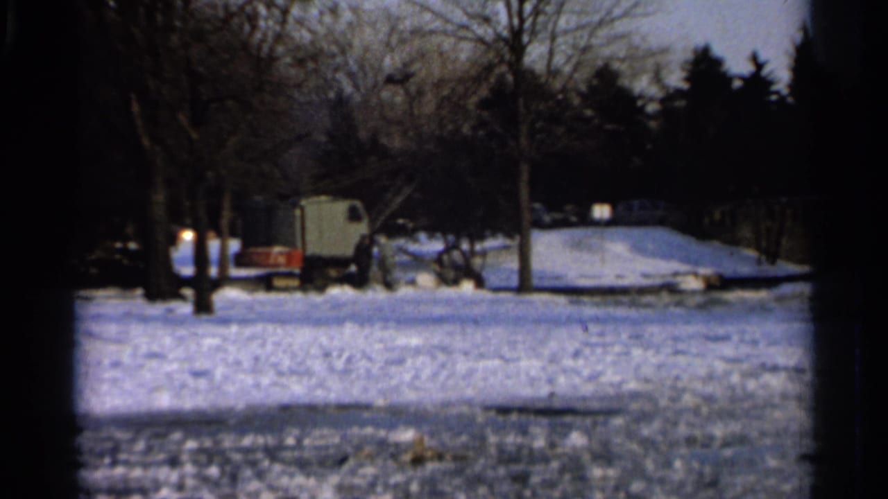 Snowy park-like area with trees and distant snow-moving equipment near the right side.