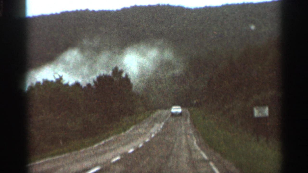 Car traveling along a wet-looking road near smoke and trees.