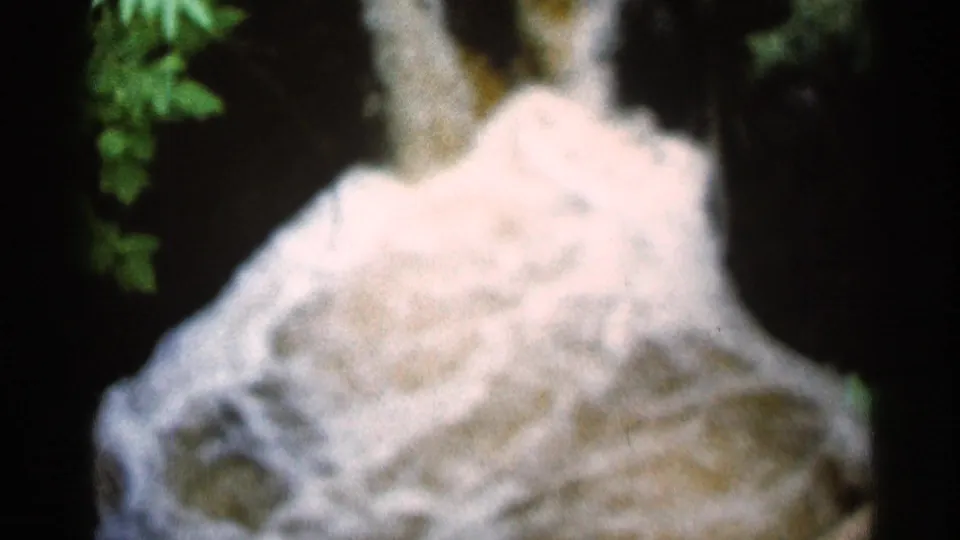 A blurred 8mm frame shows white turbulent water in the foreground with the waterfall and dark foliage receding behind it.