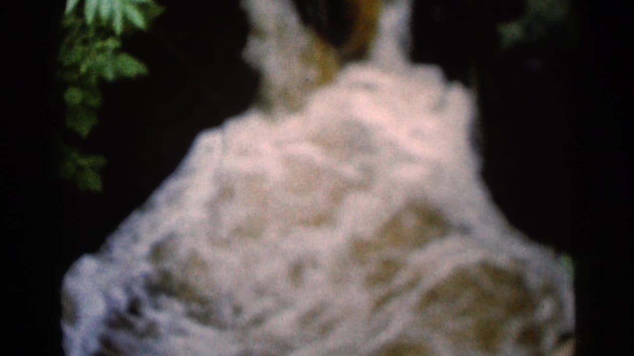 1966 8mm frame from Hamel, Minnesota, showing blurred white waterfall flow over dark rock with foliage near the top edge.