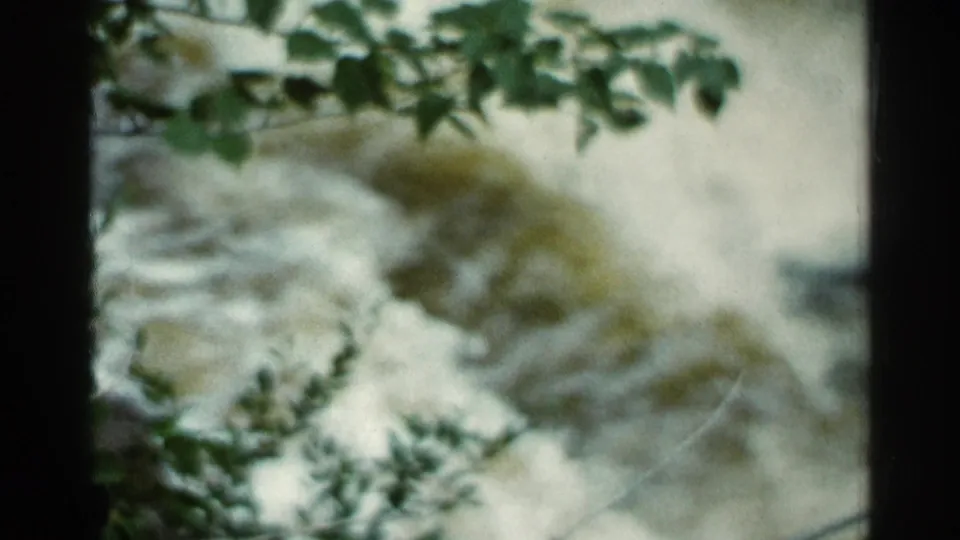 1966 Hamel, Minnesota 8mm frame with green leaves at the top and blurred whitewater moving beneath.