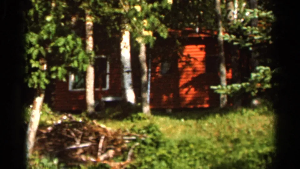 1966 8mm frame showing a red cabin in a wooded setting, partly obscured by tree trunks, leafy branches, grass, and brush.