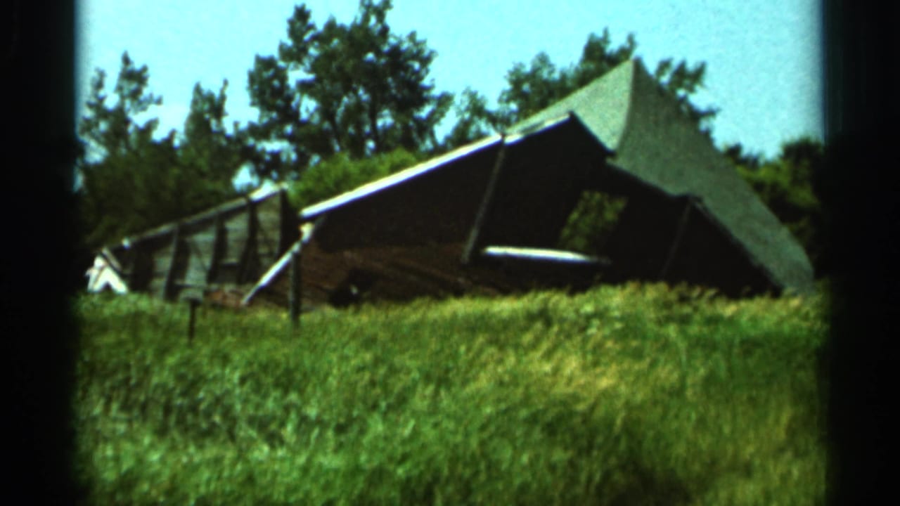 Collapsed roofed farm structure in grass with trees behind it.