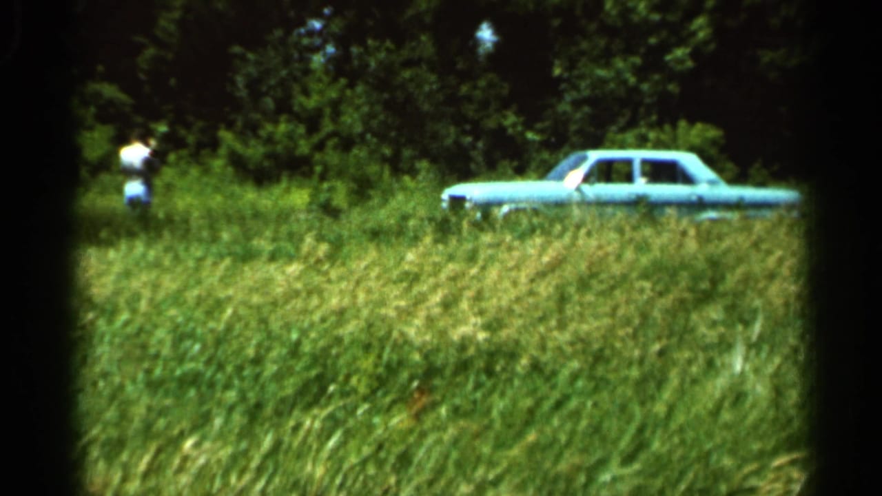 1966 Hamel, Minnesota home-movie frame showing a light blue sedan parked near tall grass and trees in bright sun.
