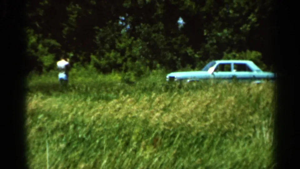 A man stands in tall grass near a parked light blue sedan during the 1966 Hamel, Minnesota outdoor scene.