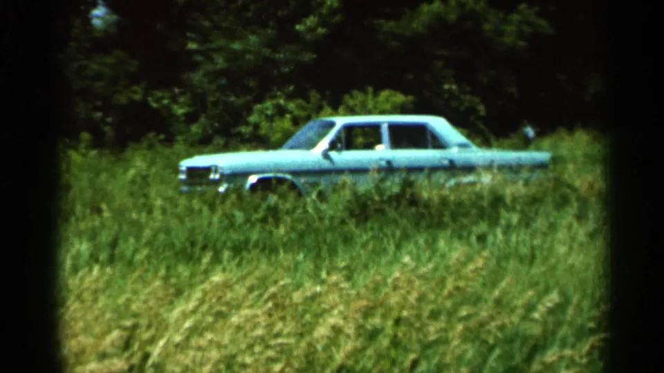 8mm frame from Hamel, Minnesota in 1966 showing the side of a turquoise sedan surrounded by high grass and trees.