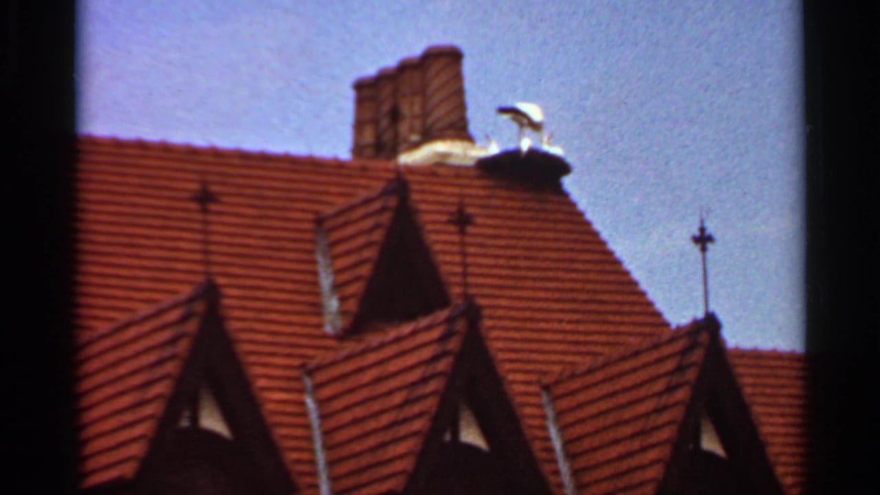 1966 Saint Louis frame showing red clay roof tiles, dormer windows, a chimney, and a roof ornament in a public-attraction setting.