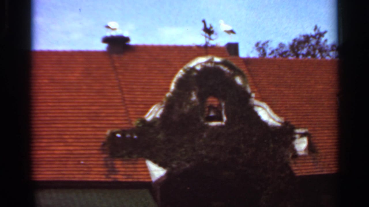 1966 Saint Louis home-movie frame showing a red tile roof, ornate roofline detail, and small rooftop figures or fixtures.