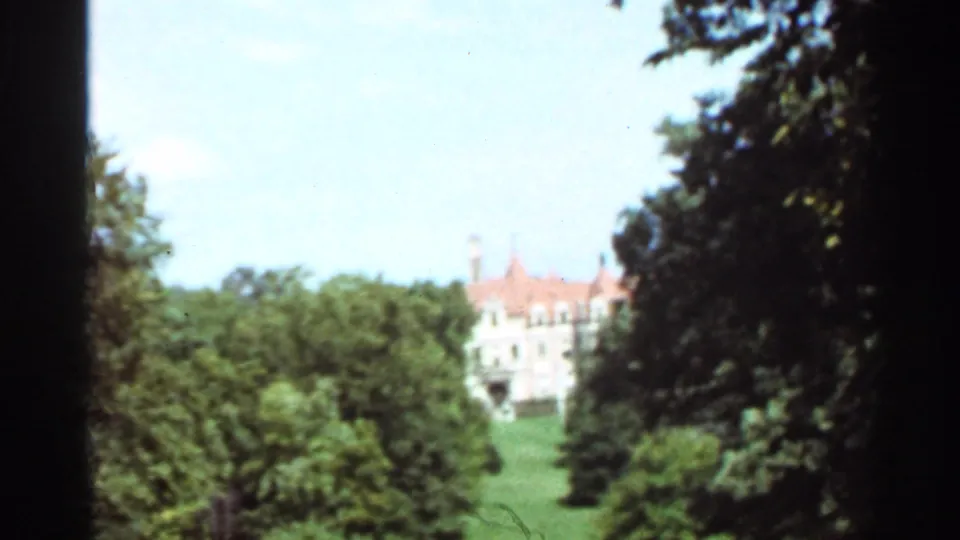 1966 Saint Louis frame with dense green trees framing a distant chateau-style building across a lawn.