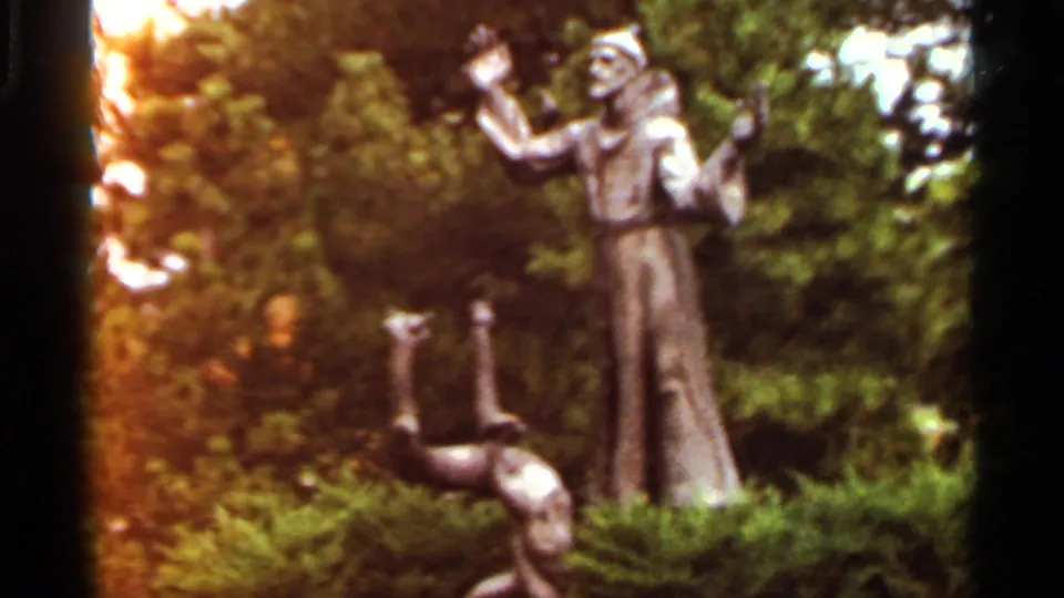 Outdoor bronze statue in a Saint Louis landscaped setting, framed by dense greenery on 8mm film.