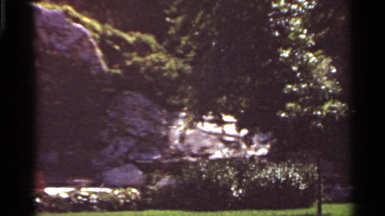 1966 Saint Louis 8mm frame showing a boulder formation partly shaded by trees with grass, plantings, and a bench nearby.