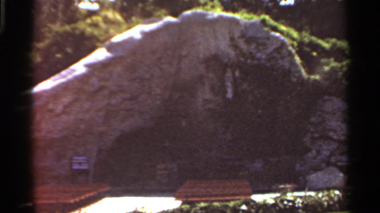 1966 Saint Louis home-movie frame focusing on a large textured boulder beside benches, lawn, signs, and surrounding trees.