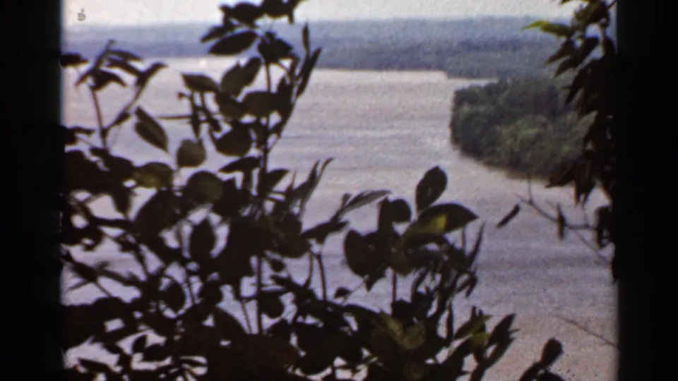 1966 8mm footage frame from Saint Louis, Missouri, with leafy foreground silhouettes over a broad river and wooded shoreline.