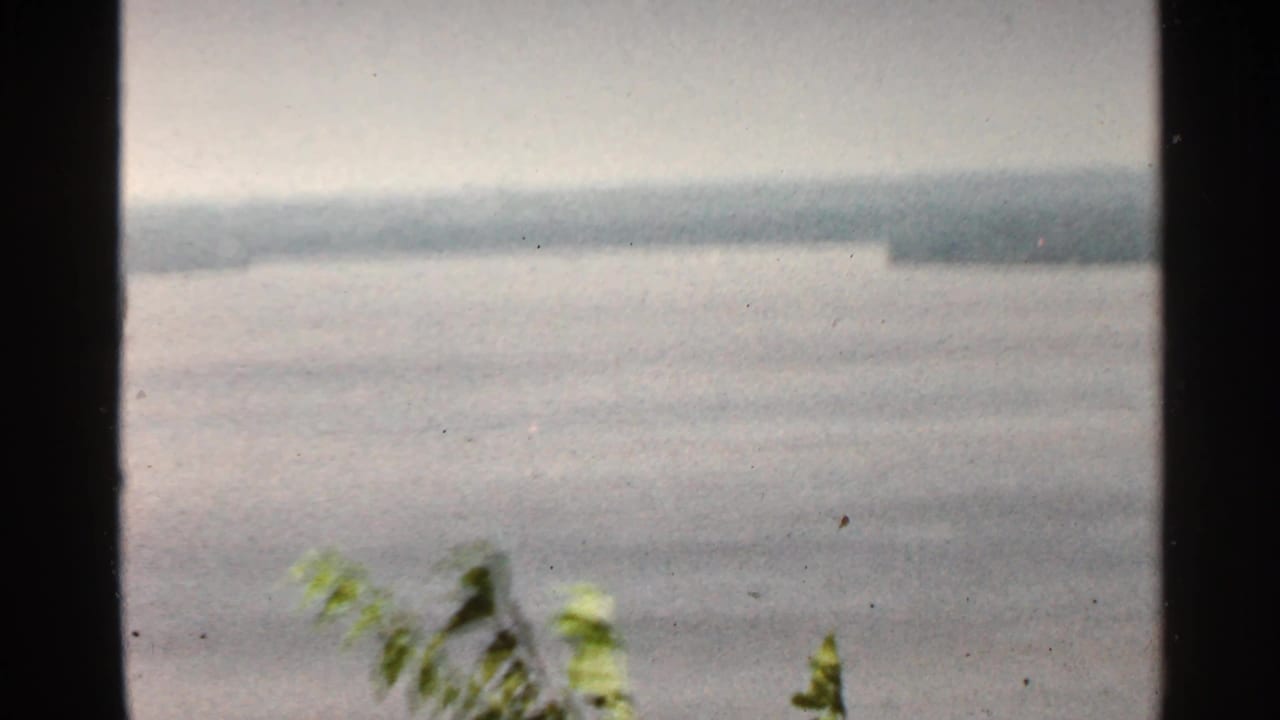Wide river view through dark film frame edges with leafy foreground.