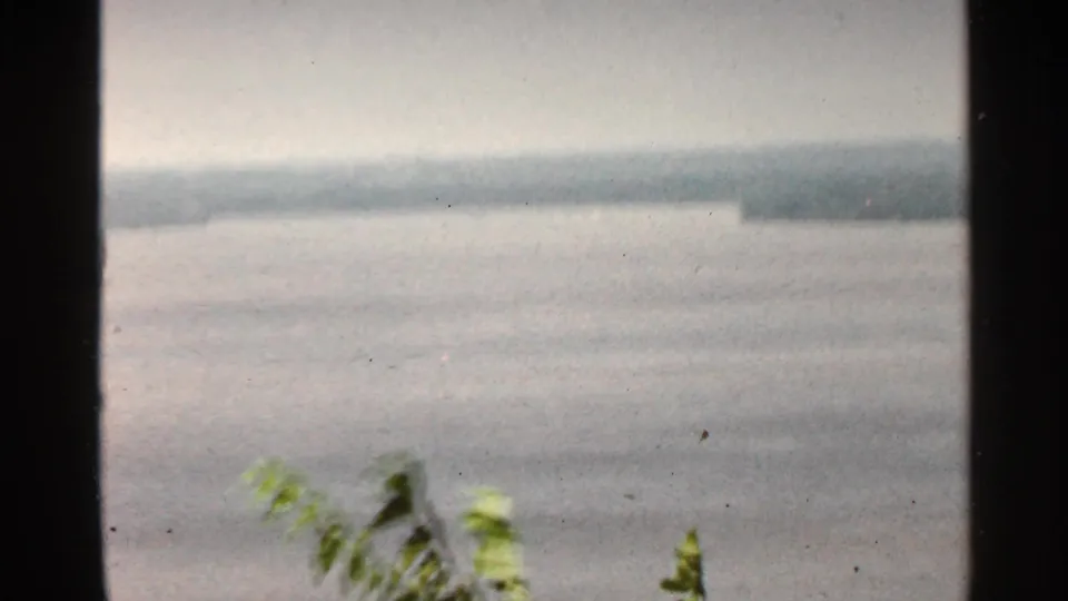 1966 Saint Louis home-movie frame showing a broad river beyond foliage, bordered by dark 8mm frame edges.