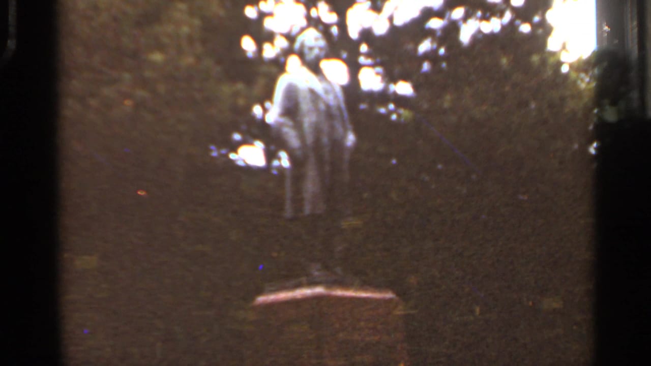 Home-movie frame of the Mark Twain statue in Saint Louis, with the pedestal and surrounding trees visible in faded 8mm color.