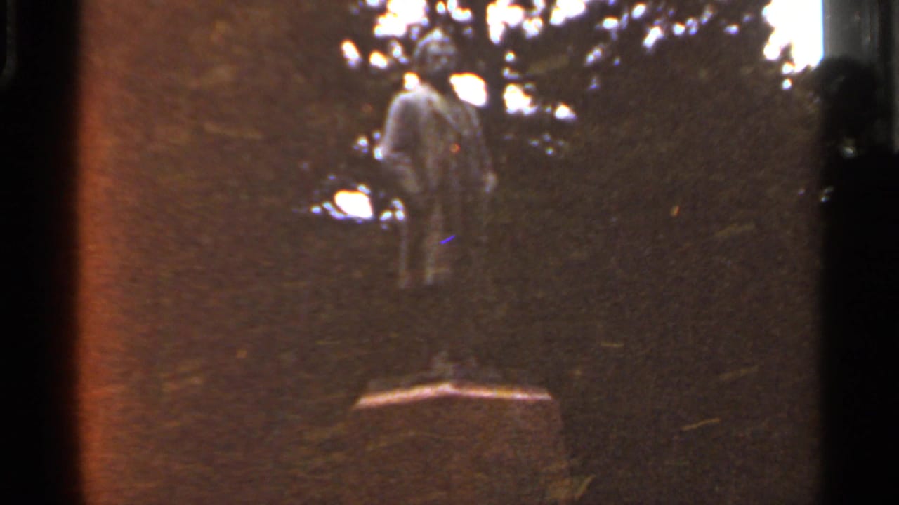 Distant pedestal statue partly obscured by dark trees and film edge.