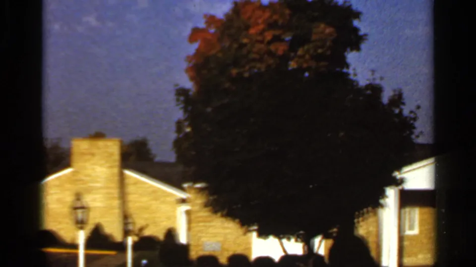 1966 St. Louis frame showing a large tree, lamp post, shrubs, and part of a brick building with a white portico at dusk.